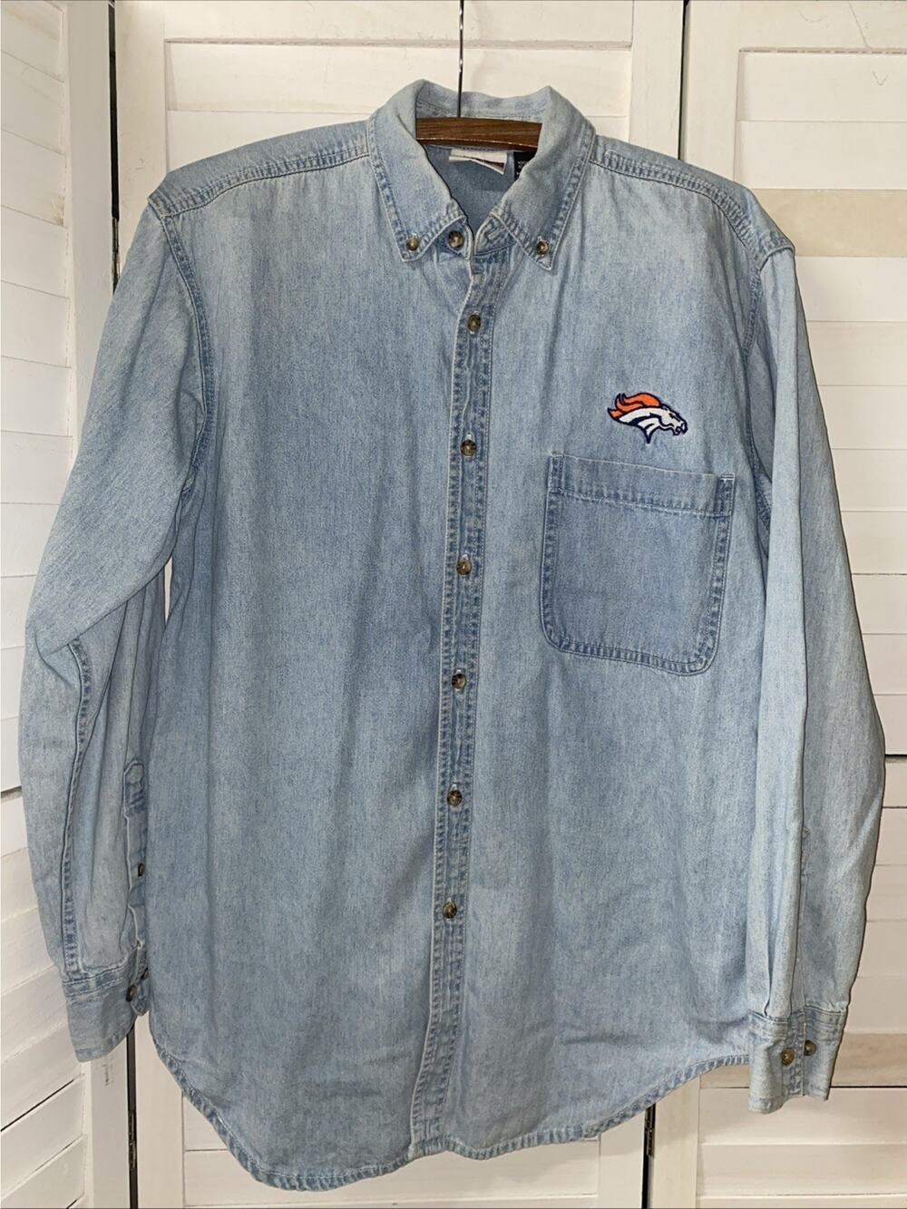 90s Denver Broncos Denim Shirt Light Wash Long Sleeve Embroidered Logo Small